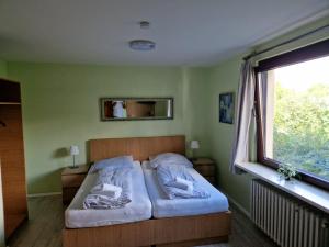 una camera da letto con un letto con due cuscini e una finestra di Hotel PB a Goslar