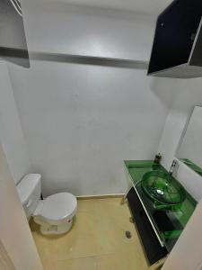 a bathroom with a toilet and a green sink at Hospitalidad y confort in Caracas