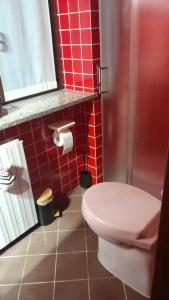 a bathroom with a toilet and a red tile wall at Lo sciuro in Busto Arsizio