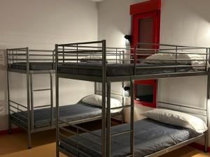 Puebla del BrollónALBERGUE A POBRA DO BROLLON的一间房间,设有三张双层床