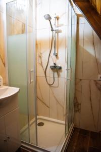 a shower with a glass door in a bathroom at Cabana Arunia 