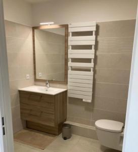 a bathroom with a sink and a toilet and a mirror at Very nice and quiet 42 m in Suresnes with parking in Suresnes