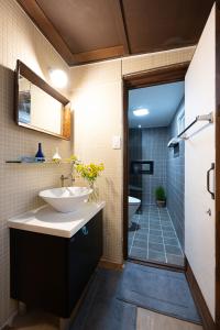 y baño con lavabo, espejo y ducha. en MongYouHwaWon Guesthouse(Painter's house) en Jeonju