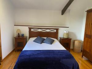- une chambre avec un grand lit et des oreillers bleus dans l'établissement Casa da Oliveira, à La Corogne