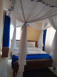 a bedroom with a canopy bed with blue curtains at REHOBOTH'S APARTMENTS in Kisumu
