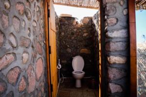 a bathroom with a toilet in a stone wall at Farm’s guest room in Nuweiba