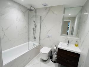 een badkamer met toilet, douche en wastafel bij Borough Central London in Londen +17 foto's