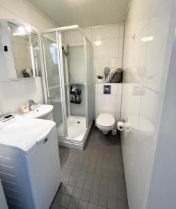 a white bathroom with a toilet and a shower at Room in Tromsø, Kvaløya in Tromsø