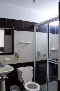 a bathroom with a toilet and a sink and a shower at Hotel Bucaramanga Plaza in Bucaramanga
