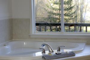 a bath tub with two faucets and a window at Quarrystone House B&B in Fernwood