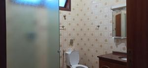 ein Badezimmer mit einem WC, einem Waschbecken und einem Spiegel in der Unterkunft Pousada Praia Sol do Indaiá in Bertioga