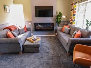 a living room with two couches and a fireplace at Chalfont Lodge in Skegness