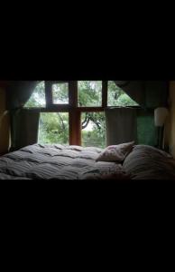 a bed in a bedroom with a window at Cabaña con Costa de Rio in El Hoyo