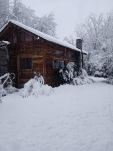 une cabane en rondins dans la neige avec de la neige dans l'établissement Cabaña con Costa de Rio, à El Hoyo