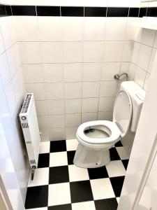 een badkamer met een toilet en een zwart-wit geruite vloer bij Iconic Suite_@O&R in Wenen