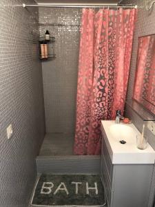 uma casa de banho com um chuveiro com um lavatório e uma cortina de chuveiro em Makij apartment for night 4 em Narva