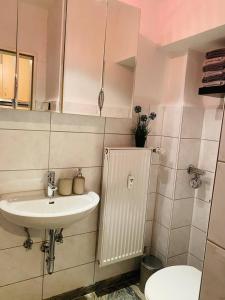 ein Bad mit einem Waschbecken und einem WC in der Unterkunft Schönes Wohnen in Groß-Buchholz - Zentral+Modern in Hannover