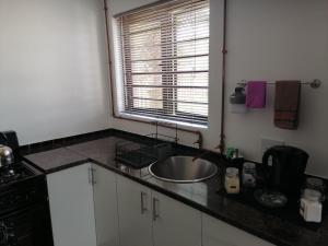 eine Küchentheke mit Spüle und Fenster in der Unterkunft Langbeentjie Inn The Final Chapter in Kapstadt