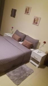 Diokoul的住宿－Chez Camille a Zac Mbao，一间卧室配有一张床,还有一个铺有地毯的床头柜