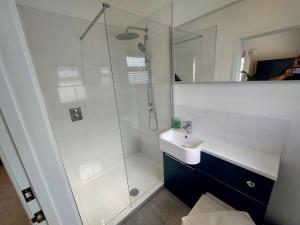 a bathroom with a shower and a sink at Apple Lodge in Bovey Tracey
