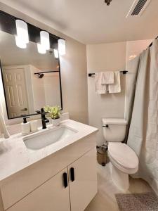 a bathroom with a toilet and a sink and a mirror at Incredible Apartment with Rooftop in Pentagon City in Arlington