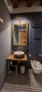 a bathroom with a sink and a mirror and a toilet at Storico alloggio fronte piazza in Borgo Portello in Padova