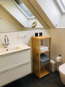 a bathroom with a sink toilet and a skylight at Charmante Dachgeschosswohnung mit Balkon in Bruckmühl
