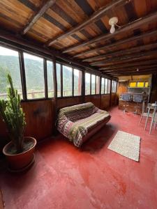 - une chambre avec un lit dans une pièce dotée de fenêtres dans l'établissement Ecolodge las tunas, à Cusco