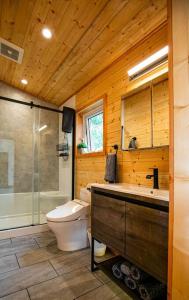 y baño con aseo, ducha y lavamanos. en 1-bedroom knotty Pine cabin w sauna & jacuzzi, en Sooke