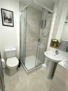 ein Bad mit einer Dusche, einem WC und einem Waschbecken in der Unterkunft Redhill Town Centre Garden Flat in Redhill