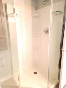 eine Dusche mit Glastür im Bad in der Unterkunft Cozy Private Suite in Winnipeg