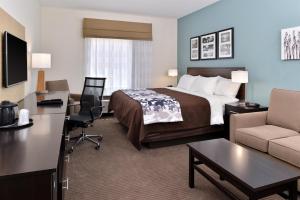 a hotel room with a bed and a desk at Sleep Inn & Suites in Meridian