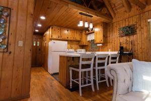 a kitchen with a white refrigerator and a bar with stools at Athens and Albany's Hillside Haven - peaceful, private, pet friendly in Albany
