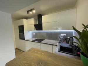 a kitchen with white cabinets and a sink at Víkendový dom Lilac in Liptovská Štiavnica