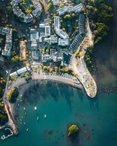 an aerial view of a harbor with boats in the water at Radisson Blu Azuri Resort & Spa in Roches Noires