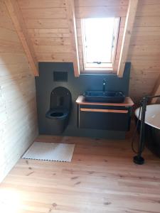 ein Bad mit einem WC, einem Waschbecken und einem Fenster in der Unterkunft Aurel house in Baks-Rrjoll