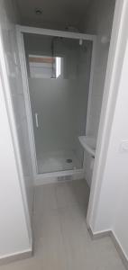a white bathroom with a shower and a toilet at Le 23 in Colombes