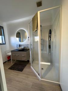een badkamer met een douche en een wastafel bij Glamis Ave Shared Home B&B in New Plymouth