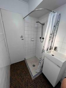 a white bathroom with a shower and a sink at Victorian Dream Terrace CBD in Sydney