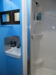uma casa de banho azul com um lavatório e um chuveiro em Auberge Jeunesse La Belle Planete Backpackers Hostel em Quebeque