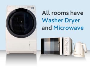 a washing machine and microwave with the words all rooms have washer diver and microwave at Tokyu Stay Hakodate Asaichi Akarinoyu in Hakodate