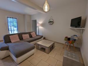 salon z kanapą i telewizorem w obiekcie Maison charentaise rénovée avec jardin privé, proche d'Angoulême et activités en bord de Charente - FR-1-653-208 w mieście Vindelle