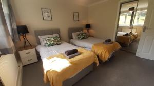 1 dormitorio con 2 camas y espejo en Carvetii - Clark House - Spacious ground floor flat, en Rosyth
