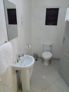 a white bathroom with a toilet and a sink at Kandjo's Bed and Breakfast in Palatswe