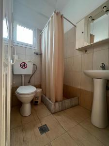 a bathroom with a toilet and a sink and a shower at Vangelis in Nea Vrasna +54 photos
