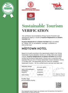a permit for a sustainable tourism yurtification sign at Midtown Hotel in Istanbul