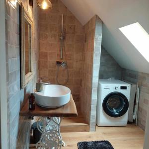 a bathroom with a sink and a washing machine at Bátory Luxury Apartman in Békéscsaba