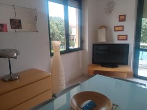 een woonkamer met een televisie en een vaas bij camere Olmedo - 10 minuti da Alghero in Olmedo