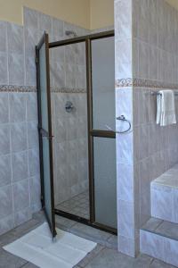 La salle de bains est pourvue d'une douche avec une porte en verre. dans l'établissement Unique Bed and Breakfast, à Harare