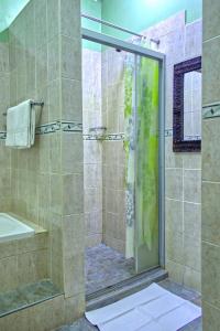 a shower with a glass door in a bathroom at Unique Bed and Breakfast in Harare